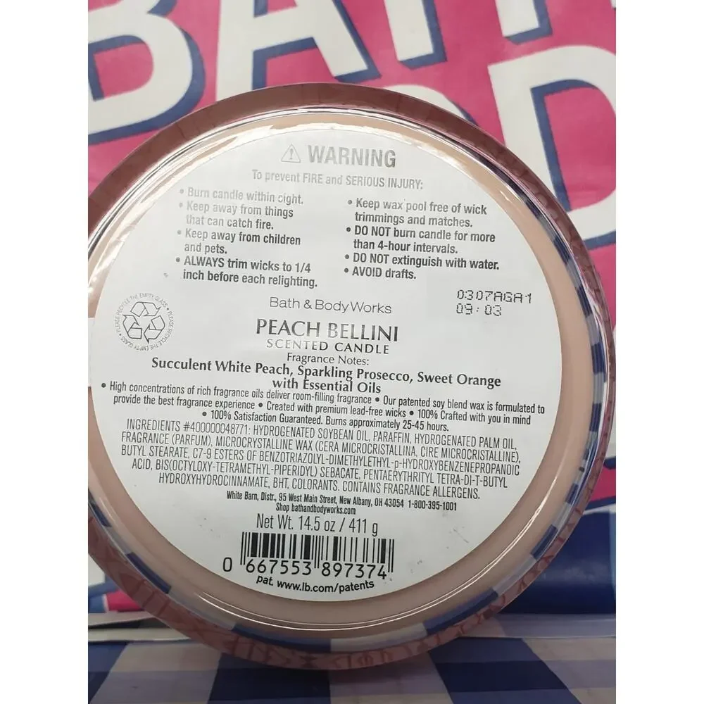 BBW Peach Bellini Large 3 Wick Candle Home Fragrance Decor